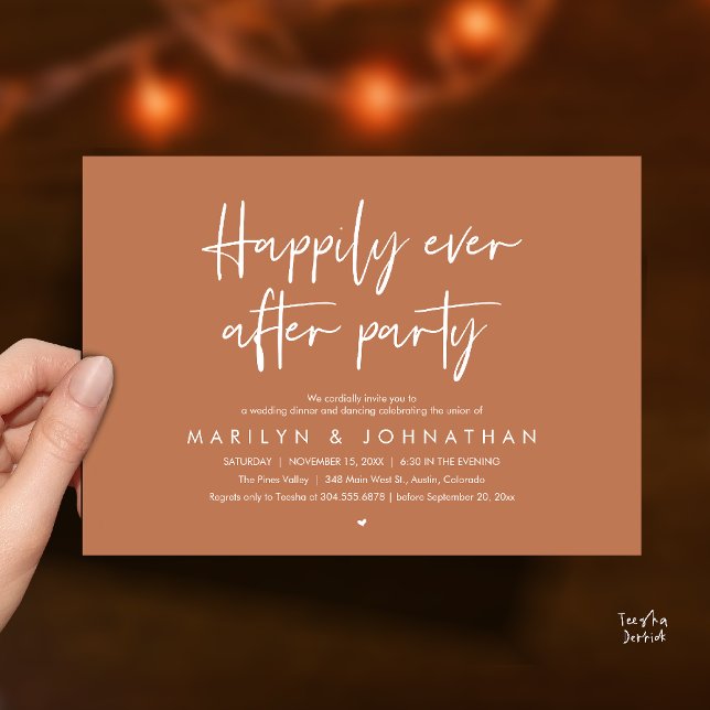 Convite Festa Feliz para Sempre, Jantar de Casamento com D (Happily Ever After Party, Wedding Dinner Dancing Invitation Card in Terracotta Brown)