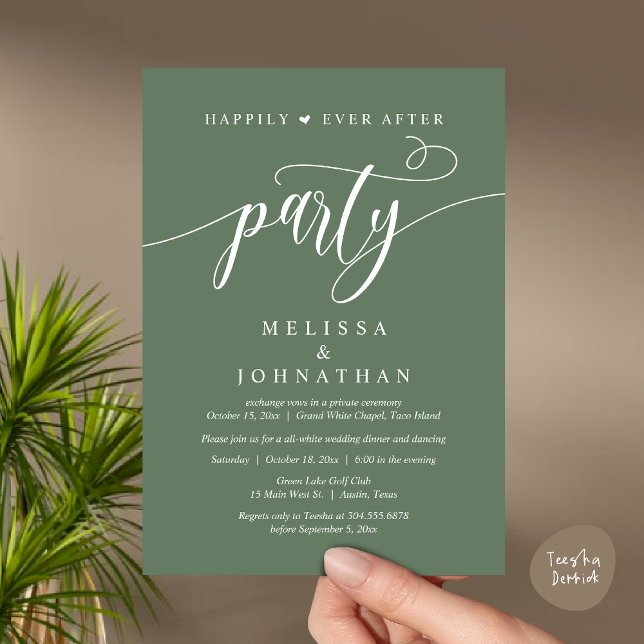 Convite Festa Feliz para Sempre, Jantar de Casamento com D (Happily Ever After Dinner, Wedding Party Dancing Invitation Card PDF Modern Rustic Greenery Sage)