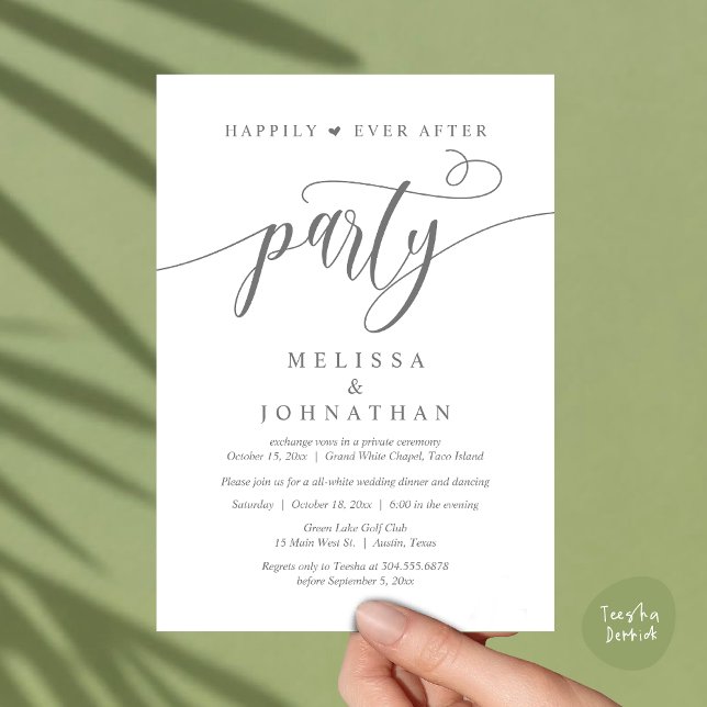 Convite Festa Feliz para Sempre, Jantar de Casamento com D (Happily Ever After Dinner, Wedding Party Dancing Invitation Card PDF Modern Rustic Dark Grey)