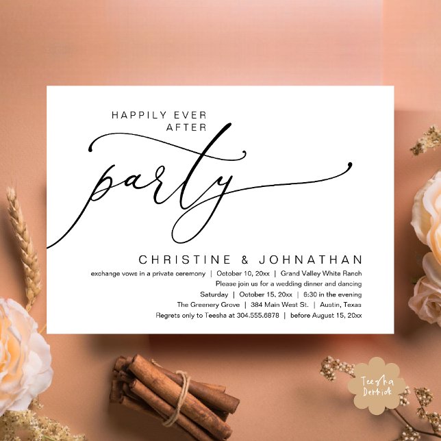 Convite Festa Feliz para Sempre, Jantar de Casamento com D (Happily Ever After Party, Romantic Modern Elopement Dinner Dancing Invites Card PDF Black White)