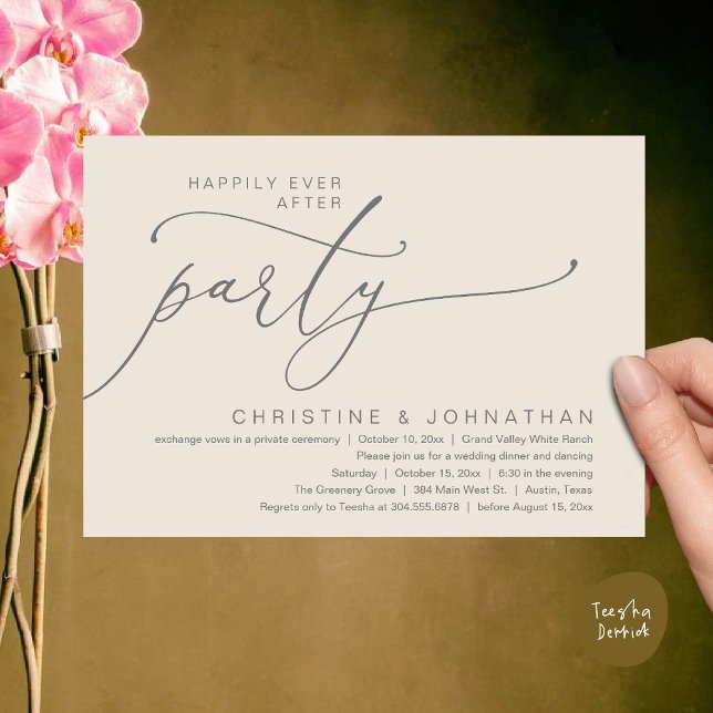 Convite Festa Feliz para Sempre, Jantar de Casamento com D (Happily Ever After Party, Romantic Modern Elopement Dinner Dancing Invites Card PDF Cream Grey)