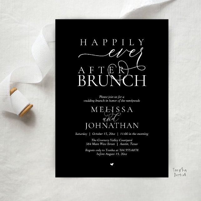 Convite Festa Feliz para Sempre Jantar de Casamento com Fu (Happily Ever After Brunch Wedding Elopement Celebration Invitation Card in Classy Black)