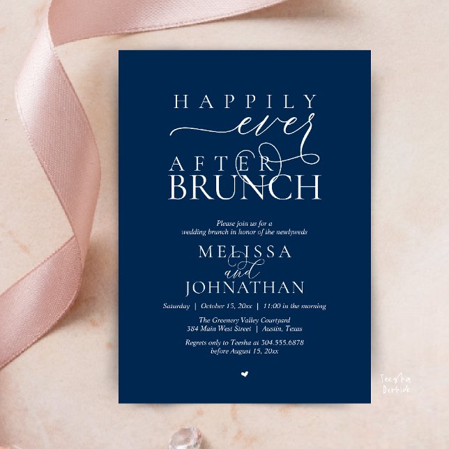 Convite Festa Feliz para Sempre Jantar de Casamento com Fu (Happily Ever After Brunch Wedding Elopement Celebration Invitation Card in Navy Blue)