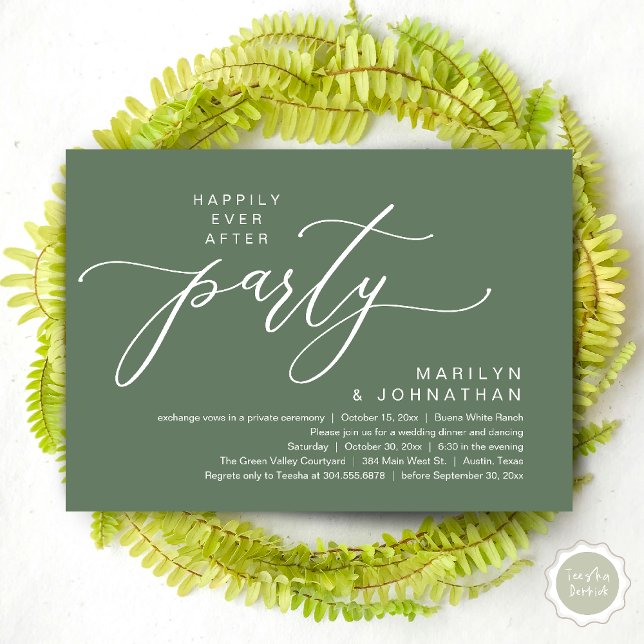 Convite Festa Feliz para Sempre Jantar de Casamento com Fu (Happily Ever After Party Wedding Elopement Romantic Dinner Brunch Invitation Card PDF Sage Green)