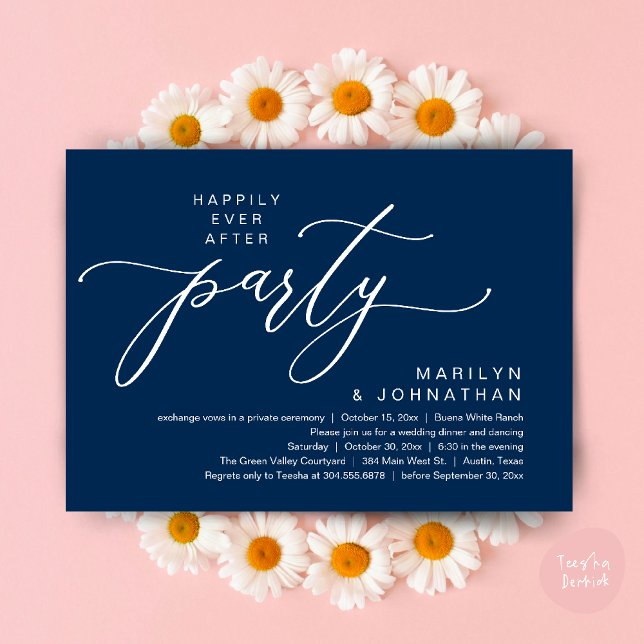 Convite Festa Feliz para Sempre Jantar de Casamento com Fu (Happily Ever After Party Wedding Elopement Romantic Dinner Brunch Invitation Card PDF Navy Blue)