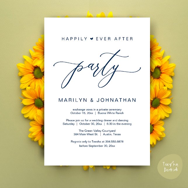 Convite Festa Feliz para Sempre Jantar de Casamento com Fu (Happily Ever After Party Wedding Elopement Romantic Dinner Brunch Invitation Card PDF Navy Blue)