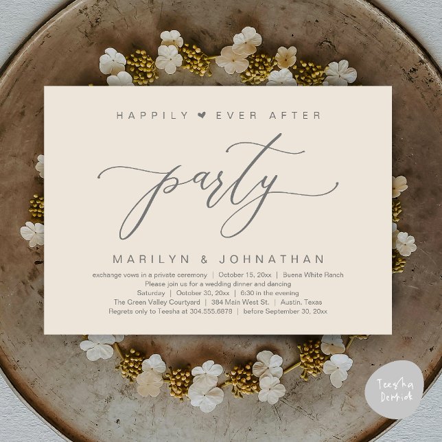 Convite Festa Feliz para Sempre Jantar de Casamento com Fu (Happily Ever After Party Wedding Elopement Romantic Dinner Brunch Invitation Card PDF Cream Grey)