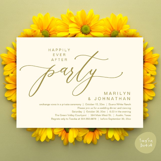 Convite Festa Feliz para Sempre Jantar de Casamento com Fu (Happily Ever After Party Wedding Elopement Romantic Dinner Brunch Invitation Card PDF Yellow Gold)