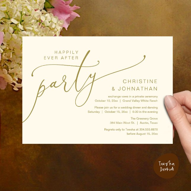 Convite Festa Feliz para Sempre, Jantar de Casamento Fuga  (Happily Ever After Party, Romantic Modern Elopement Dinner Dancing Invites Card PDF Yellow Gold)