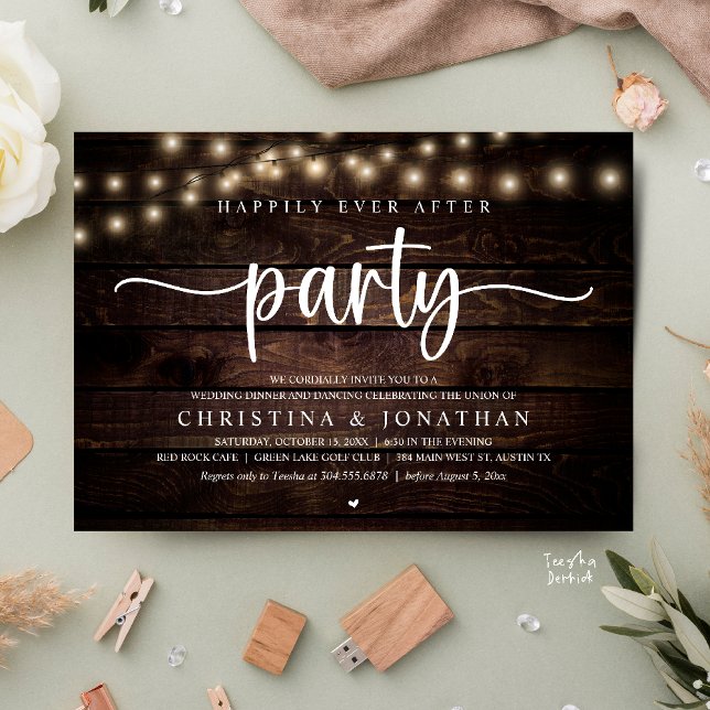 Convite Festa Feliz para Sempre, Jantar de Casamento Rústi (Happily Ever After Party, Rustic Wedding Dinner Invitation Card,  cottage string lights, brown wood)