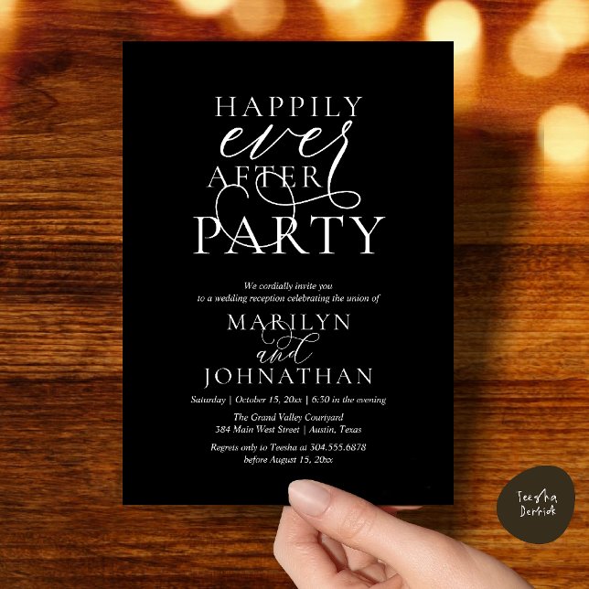 Convite Festa Feliz para Sempre, Jantar de Casamento Sofis (Happily Ever After Party, Classy Wedding Dinner Party Invitation Card in Minimalist Black)