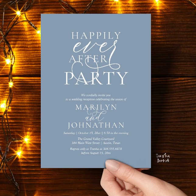 Convite Festa Feliz para Sempre, Jantar de Casamento Sofis (Happily Ever After Party, Classy Wedding Dinner Party Invitation Card in Dusty Blue)
