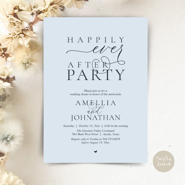 Convite Festa Feliz para Sempre Jantar de Elopamento de Ca (Happily Ever After Party Wedding Elopement Dinner Invitation Card in Misty Blue)