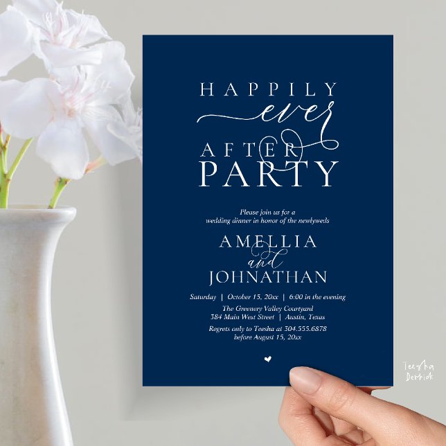 Convite Festa Feliz para Sempre Jantar de Elopamento de Ca (Happily Ever After Party Wedding Elopement Dinner Invitation Card in Navy Blue)