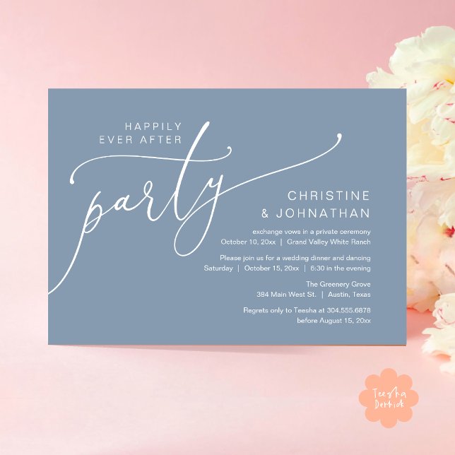 Convite Festa Feliz para Sempre, Jantar de Fuga Dançante (Happily Ever After Party, Romantic Modern Elopement Dinner Dancing Invites Card PDF Dusty Blue)