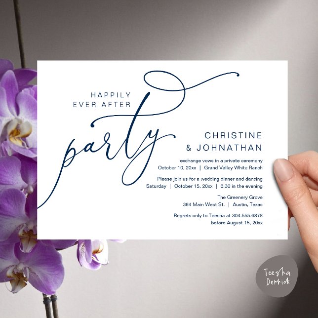 Convite Festa Feliz para Sempre, Jantar Romântico com Danç (Happily Ever After Party, Romantic Modern Elopement Dinner Dancing Invites Card PDF Navy Blue)