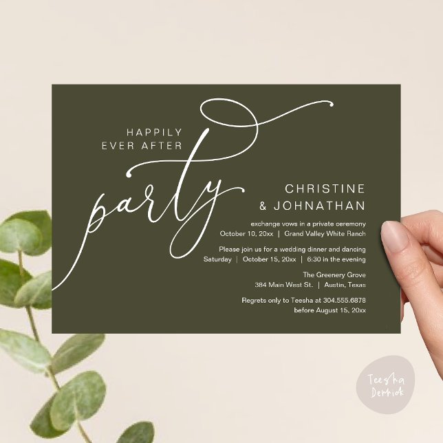 Convite Festa Feliz para Sempre, Jantar Romântico com Danç (Happily Ever After Party, Romantic Modern Elopement Dinner Dancing Invites Card PDF Olive Green)