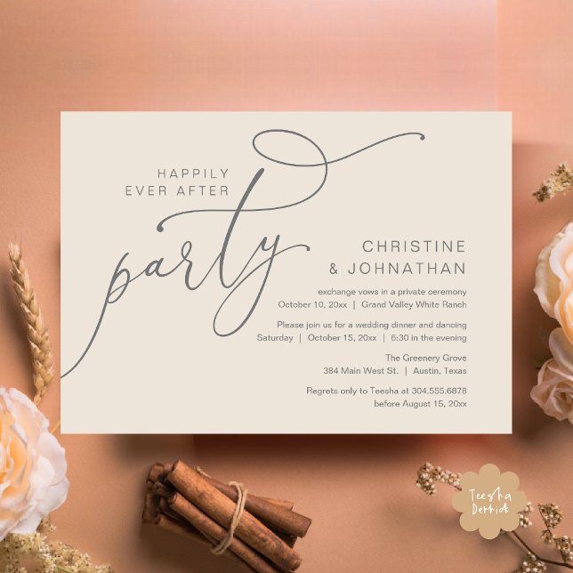 Convite Festa Feliz Para Sempre, Jantar Romântico com Danç (Happily Ever After Party, Romantic Modern Elopement Dinner Dancing Invites Card PDF Cream Grey)