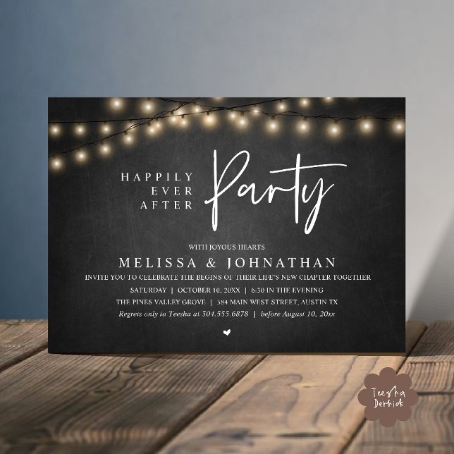 Convite Festa Feliz para Sempre, Luzes Rústicas de Corda (Happily Ever After Party, Rustic Wedding String Lights Invitation card, Reception chalkboard)
