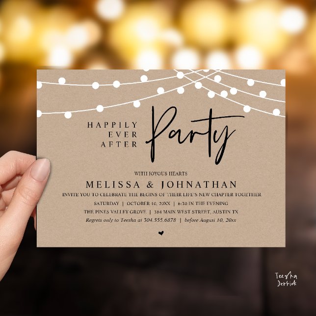 Convite Festa Feliz para Sempre, Luzes Rústicas de Corda (Happily Ever After Party, Rustic Wedding String Lights Invitation card, Reception Dinner Dancing)