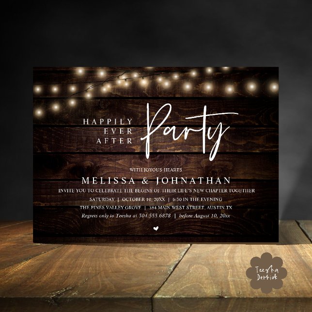 Convite Festa Feliz para Sempre, Luzes Rústicas de Corda (Happily Ever After Party, Rustic Wedding String Lights Invitation card, Reception Brown Wood)