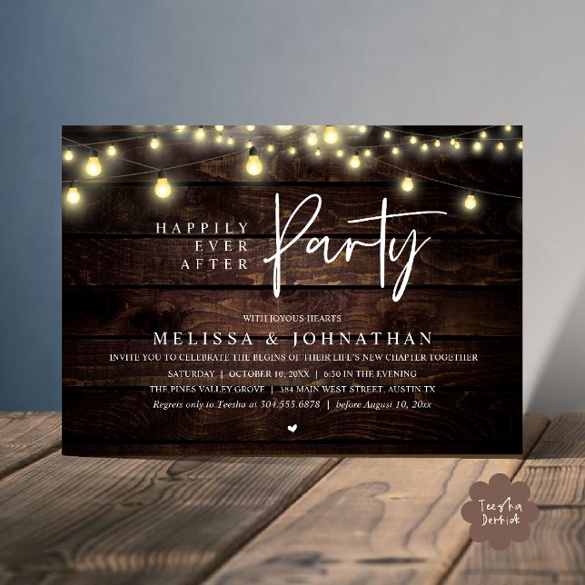 Convite Festa Feliz para Sempre, Luzes Rústicas de Corda (Happily Ever After Party, Rustic Wedding String Lights Invitation card, Reception Brown Wood )