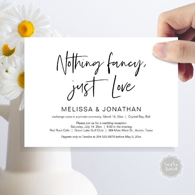 Convite Festa Feliz para Sempre, Preto, Casamento às Press (Nothing Fancy Just Love, Wedding Elopement Dinner Party Invitation Card, PDF, Modern, Black White)