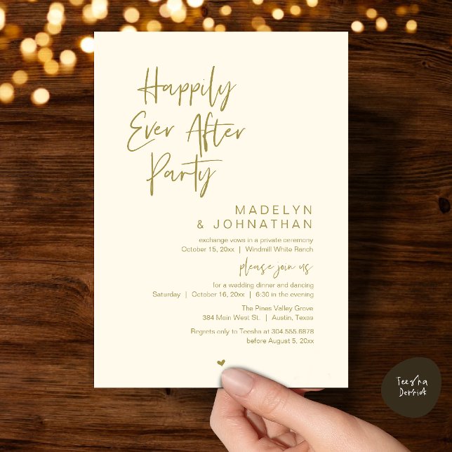 Convite Festa Feliz para Sempre, Recepção de Casamento Mod (Happily Ever After Party, Modern Wedding Reception Dinner Invitation card in yellow gold)