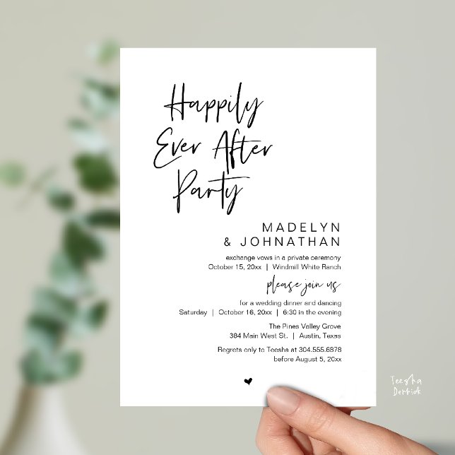Convite Festa Feliz para Sempre, Recepção de Casamento Mod (Happily Ever After Party, Modern Wedding Reception Dinner Invitation card in black and white)