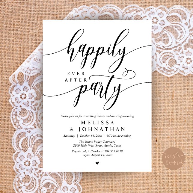 Convite Festa Feliz para Sempre, Recepção de Casamento Mod (Happily Ever After Party, Modern Wedding Reception Dinner Invitation Card in Black and White)
