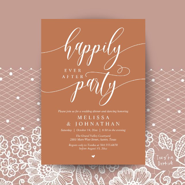 Convite Festa Feliz para Sempre, Recepção de Casamento Mod (Happily Ever After Party, Modern Wedding Reception Dinner Invitation Card in Copper Brown)