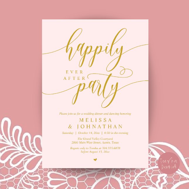 Convite Festa Feliz para Sempre, Recepção de Casamento Mod (Happily Ever After Party, Modern Wedding Reception Dinner Invitation Card in Blush and Yellow Gold)