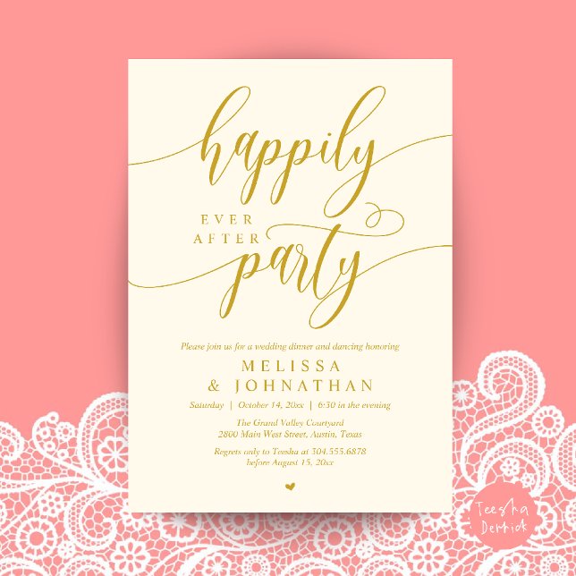 Convite Festa Feliz para Sempre, Recepção de Casamento Mod (Happily Ever After Party, Modern Wedding Reception Dinner Invitation Card in Yellow Gold)