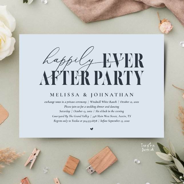 Convite Festa Feliz para Sempre, Recepção de Casamento Mod (Happily Ever After Party, Modern Wedding Reception Dinner Dancing Invitation Card in Misty Blue)