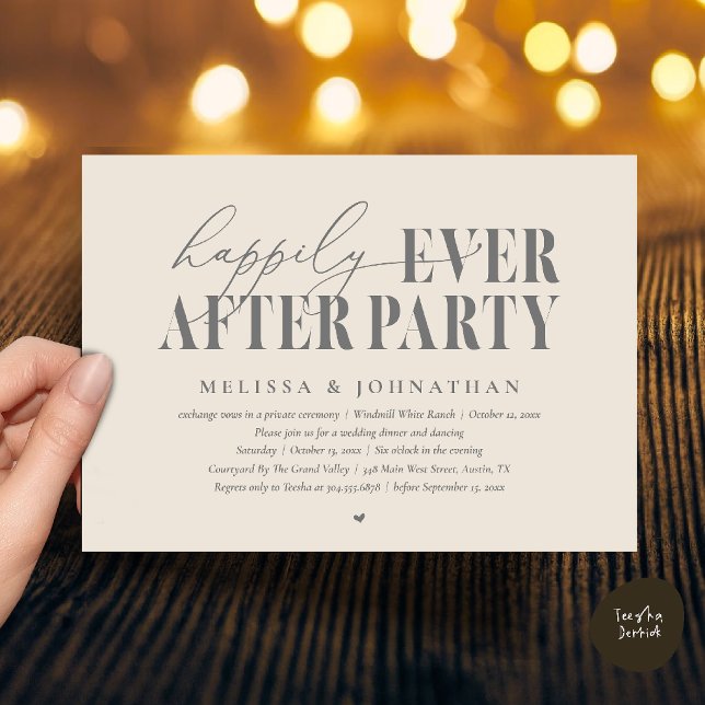 Convite Festa Feliz para Sempre, Recepção de Casamento Mod (Happily Ever After Party, Modern Wedding Reception Dinner Dancing Invitation Card in Cream Grey)