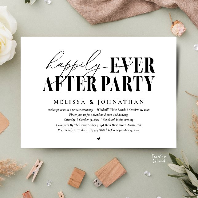 Convite Festa Feliz para Sempre, Recepção de Casamento Mod (Happily Ever After Party, Modern Wedding Reception Dinner Dancing Invitation Card in Black and White)