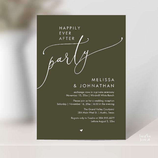 Convite Festa Feliz para Sempre Recepção de Casamento Mode (Happily Ever After Party Modern Wedding Reception Invitation Card Dinner Brunch Lunch in Olive Green)