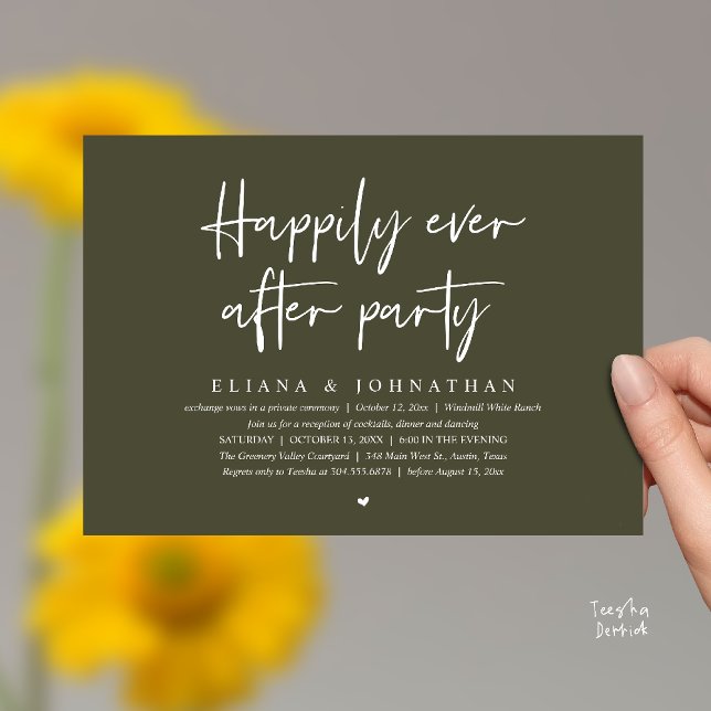 Convite Festa Feliz para Sempre Recepção de Casamento Mode (Happily Ever After Party Modern Wedding Reception Invitation Card in Olive Green)