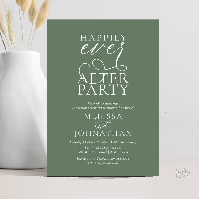 Convite Festa Feliz para Sempre, Recepção de Casamento Sof (Happily Ever After Party, Classy Wedding Reception Modern Dinner Invitation Card PDF Sage Green)