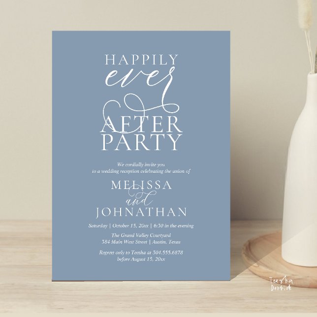 Convite Festa Feliz para Sempre, Recepção de Casamento Sof (Happily Ever After Party, Classy Wedding Reception Modern Dinner Invitation Card PDF Dusty Blue)