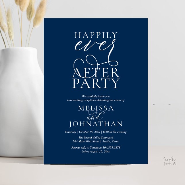 Convite Festa Feliz para Sempre, Recepção de Casamento Sof (Happily Ever After Party, Classy Wedding Reception Modern Dinner Invitation Card PDF Navy Blue)