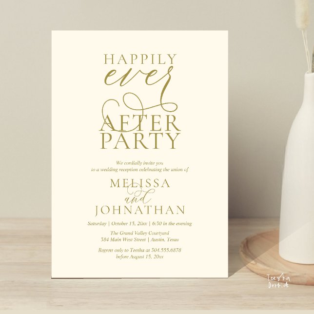 Convite Festa Feliz para Sempre, Recepção de Casamento Sof (Happily Ever After Party, Classy Wedding Reception Modern Dinner Invitation Card PDF Yellow Gold)