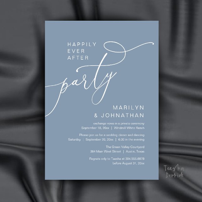 Convite Festa Feliz para Sempre, Recepção de Jantar Modern (Happily Ever After Party, Modern Dinner Reception Invitation Card in Dusty Blue)