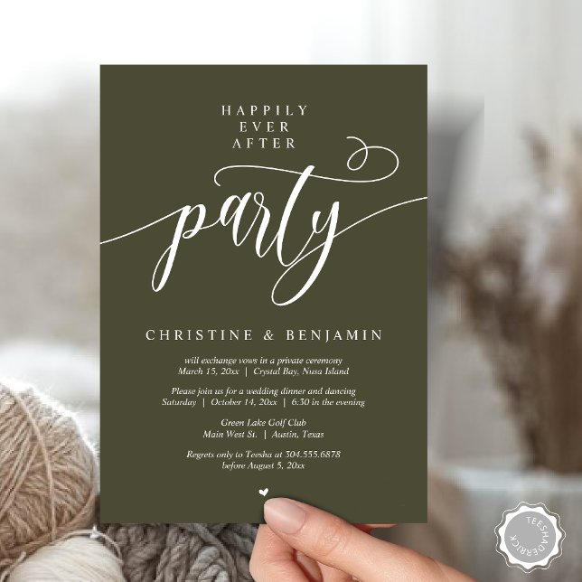 Convite Festa Feliz Para Sempre, Roteiro Moderno (Happily Ever After Dinner Party, Modern Script Wedding Reception Invitation Card, PDF, Olive Green)