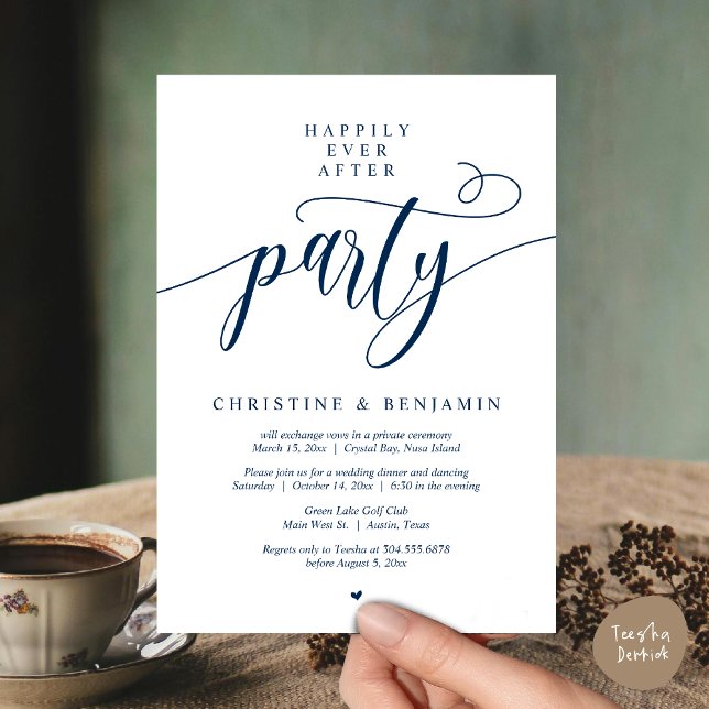 Convite Festa Feliz Para Sempre, Roteiro Moderno (Happily Ever After Dinner Party, Modern Script Wedding Reception Invitation Card, PDF, Navy Blue)