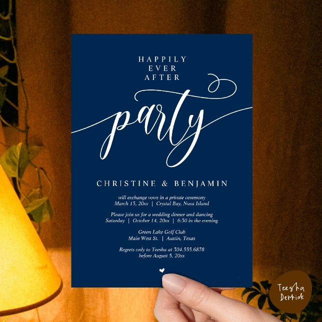 Convite Festa Feliz Para Sempre, Roteiro Moderno (Happily Ever After Dinner Party, Modern Script Wedding Reception Invitation Card, PDF, Navy Blue)