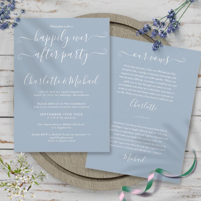 Convite Festa Feliz para Sempre Votos de Casamento Azul Po (Happily Ever After Party Wedding Vows Dusty Blue Invitation)
