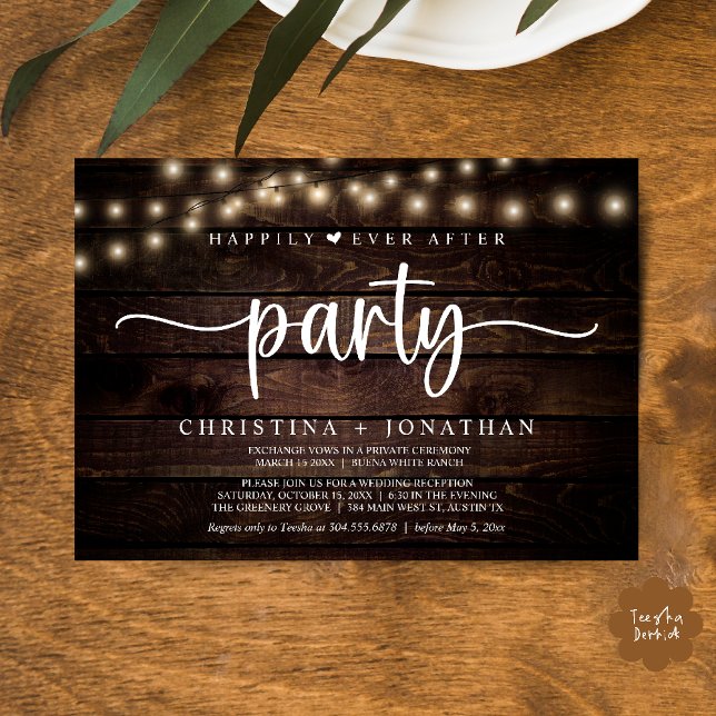 Convite Festa Felizes para Sempre, Casamento com Luzes de  (Happily Ever After party, String Lights Wedding Invitation Card PDF Cottage Dark Wood)