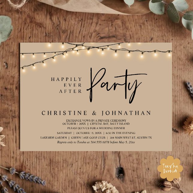 Convite Festa Felizes para Sempre, Elopamento Luzes de Cor (Happily Ever After party, String Lights Elopement Invitation Card in Tan Brown)