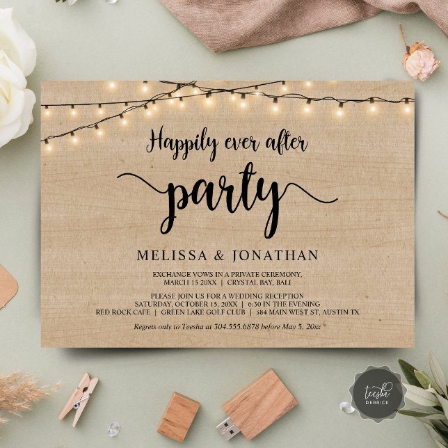 Convite Festa Felizes para Sempre, Elopamento Luzes de Cor (Happily Ever After party, Wedding Elopement Dinner Invites, String Lights Rustic Wood, downloadable)